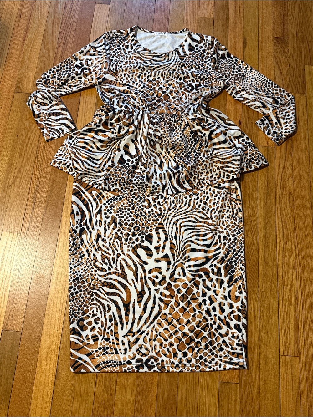 Nuggles Brown Animal Print Skirt and Peplum Top Set Size Large Modest